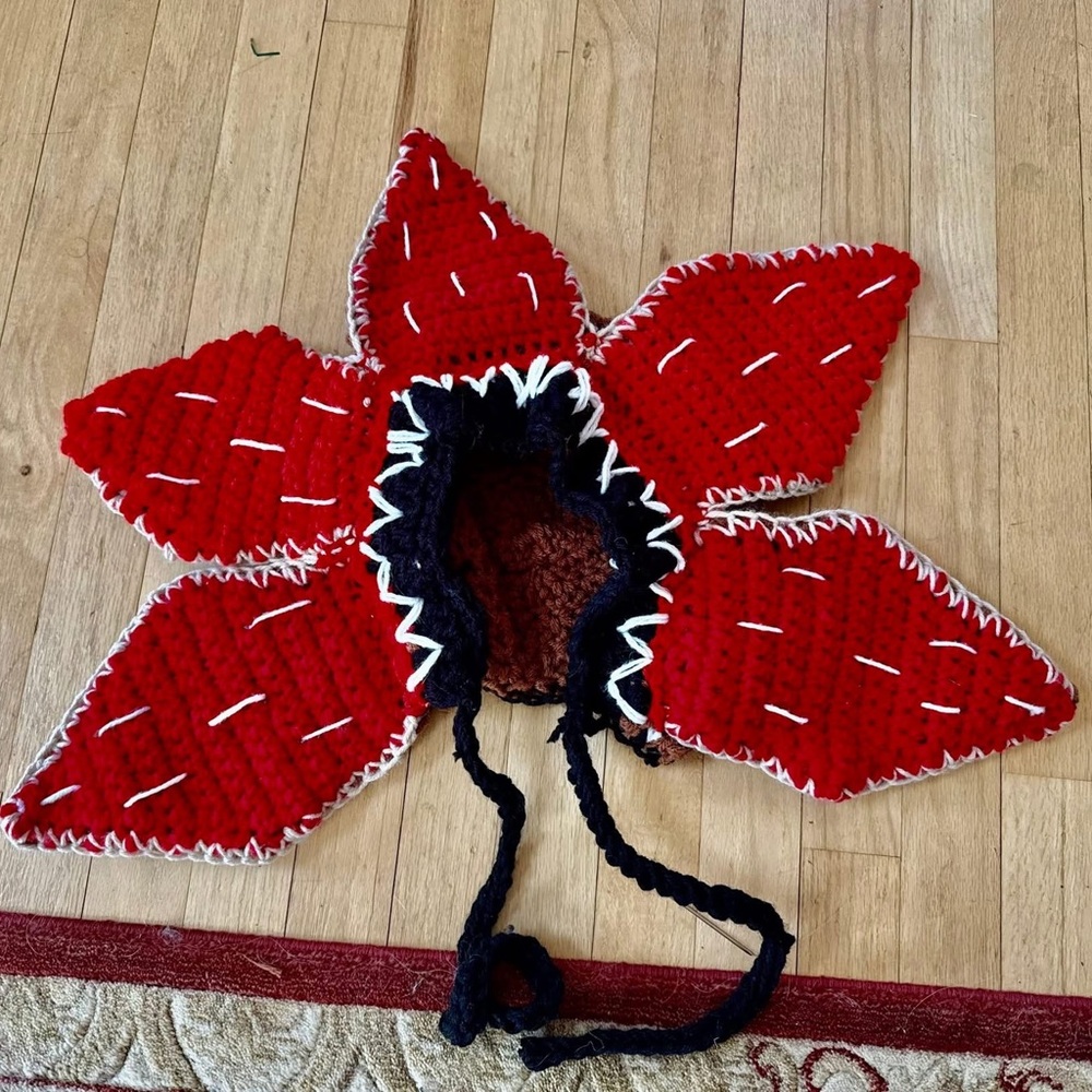 Red and Black Handmade Knit Flower Hat